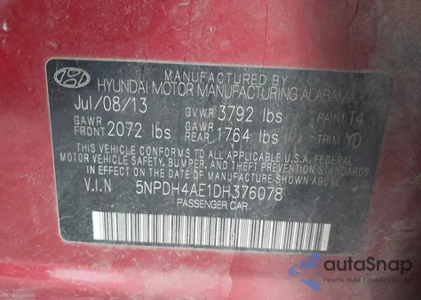 2013 Hyundai Elantra Gls from USA, damaged, VIN 5NPDH4AE1DH376078